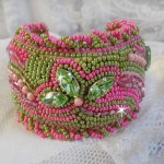 Miss Lady cuff bracelet embroidered with Swarovski crystals, faceted Bohemian glass and green and pink seed beads